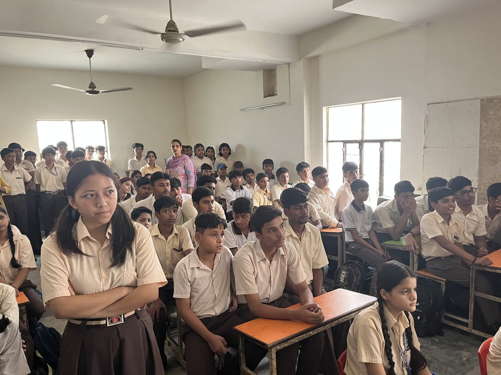 A classroom of uniformed students at Dayal Public School seated at their desks during the Edugram session.